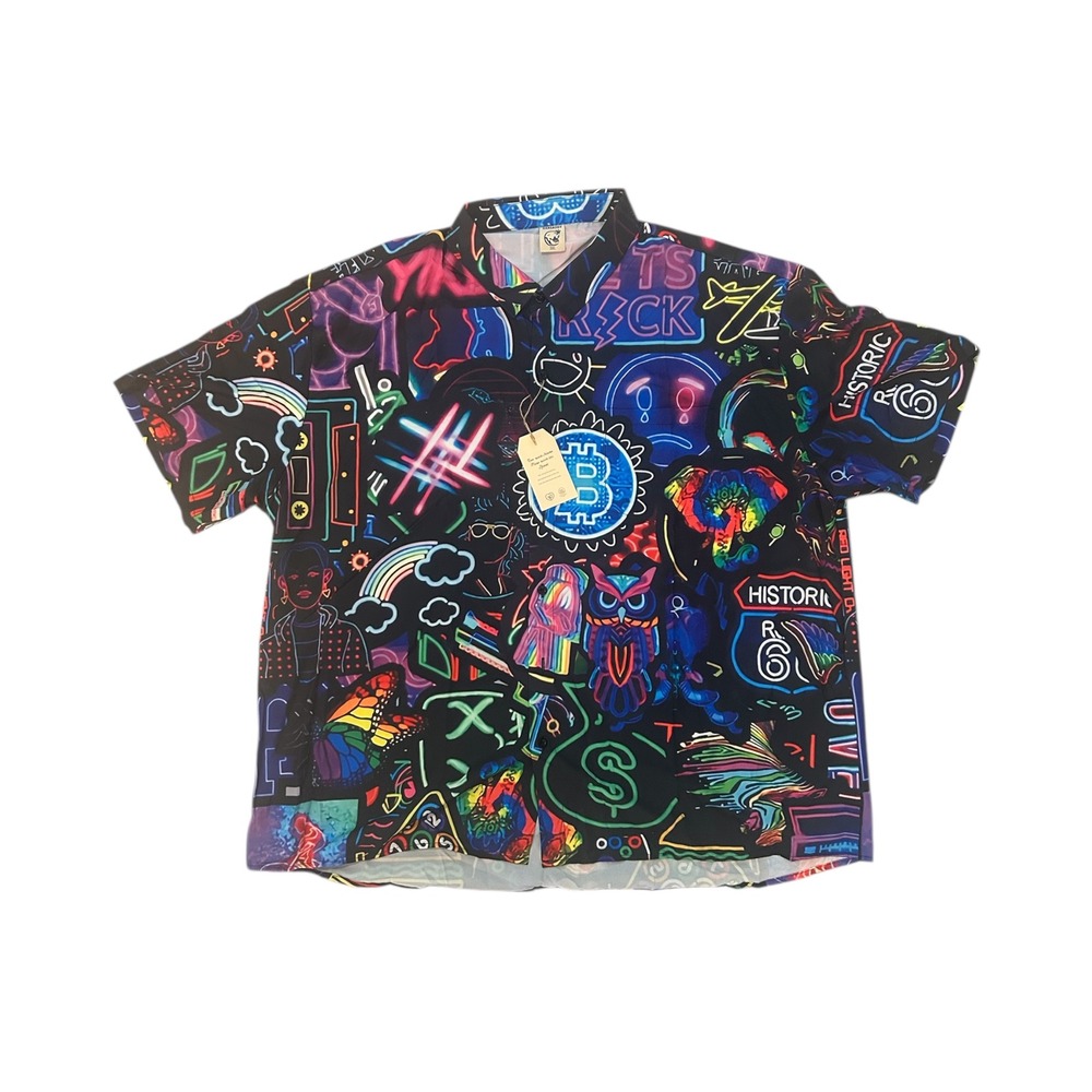 HARDADDY Mens 3XL Neon Graphic Print Short Sleeve Button Up‎ Shirt Neon Art NWT